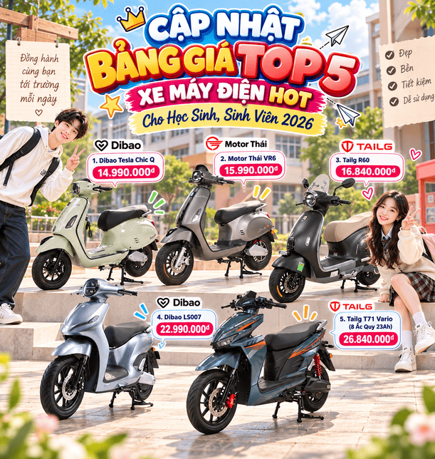 Cập Nhật Bảng Giá TOP 5 Xe Máy Điện HOT Cho Học Sinh, Sinh Viên 2026
